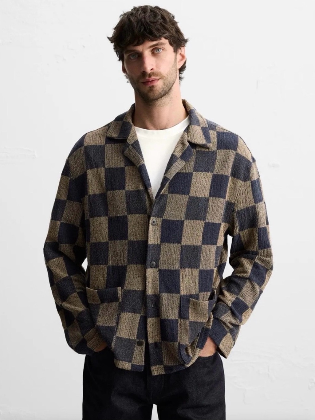 Zara Checkerboard Knit Button Cardigan - Navy & Taupe